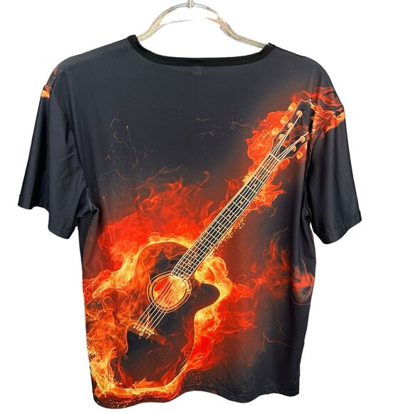 Flaming Guitar Shirt Adult Medium Black Short Sleeve Slinky Gamer Rock‎ Band - Picture 2 of 7